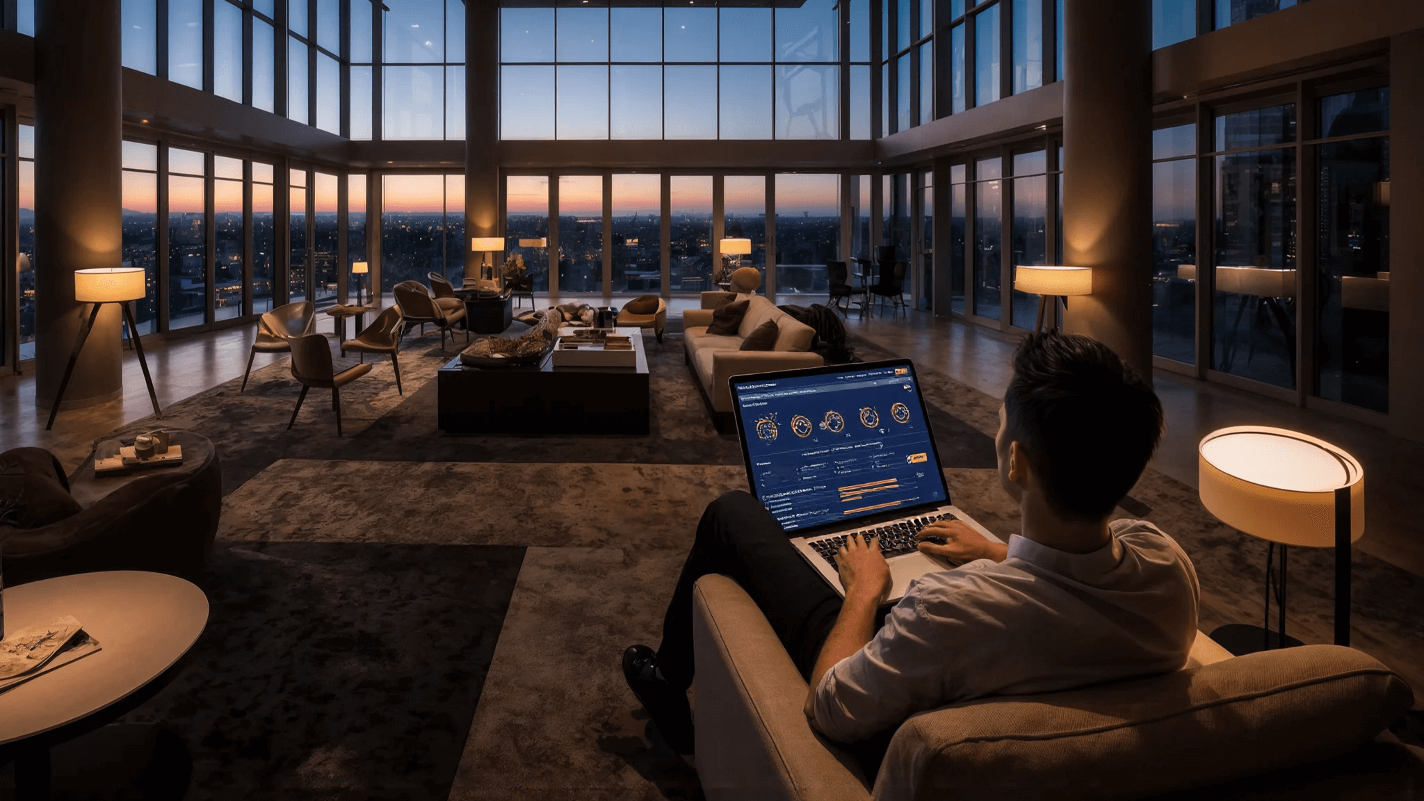 Executive in penthouse with city skyline view